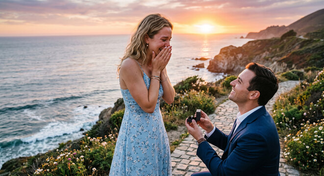 Romantic man kneeling proposing with ring to surprised happy woman on coastal cliff trail during beautiful sunset.