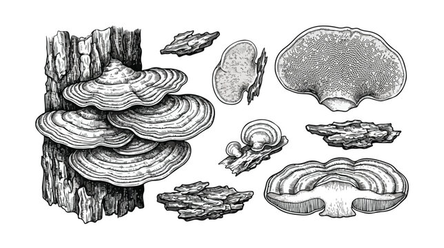 Vintage wood fungus engraving set, botanical bracket mushroom illustrations on tree bark, black and white polypore fungus vector collection