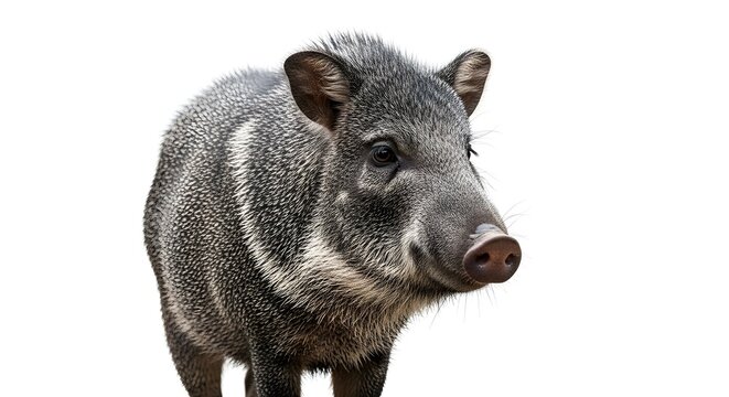Collared Peccary standing isolated on white background with soft studio lighting highlighting textured fur