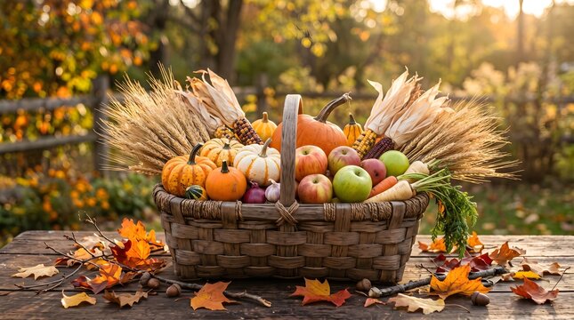 Thanksgiving harvest basket filled with pumpkins, corn, and apples on a rustic wooden table surrounded by colorful autumn leaves