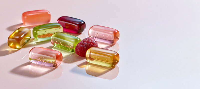 Colorful translucent gummy candies arranged on white background, vibrant marmalade trend with glossy jelly texture and playful sweet aesthetic