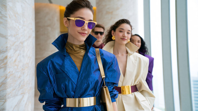 Fashionable women in glamorous 1980s inspired outfits with bold accessories, metallic belts and sunglasses, embodying luxury, decadence and maximalism