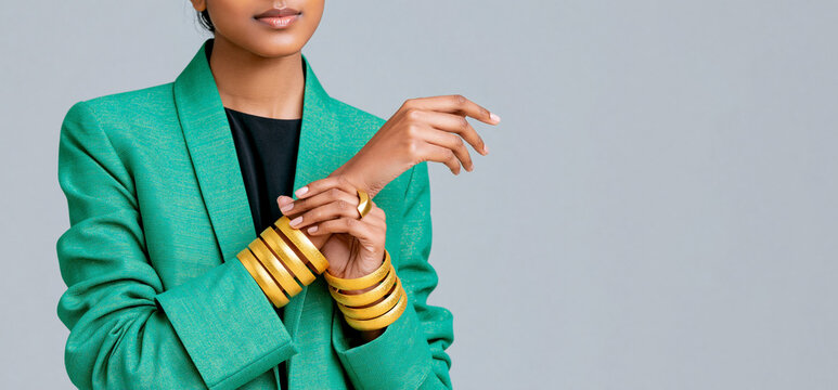 Stylish woman in green blazer wearing stacked gold bangles, showcasing bold maximalist jewelry and glamorous retro fashion against gray background