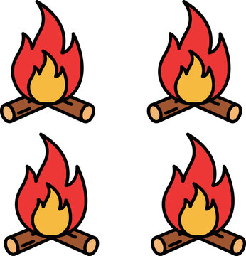 Campfire Icon Set with Logs and Flames for Outdoor Activities
