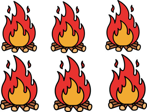 Set of Bonfire and Campfire Vector Icons with Wood Logs