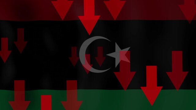 Economic Downturn symbolized by Libyan Flag with Falling Arrows: A visual representation of economic decline and negative financial trends.