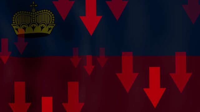 Economic Downturn: The flag of Liechtenstein, a symbol of its economy, is overshadowed by a cascade of red downward arrows, indicating a significant decline and recession.