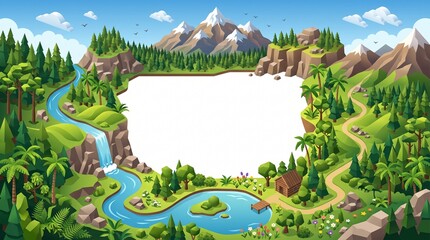 Isometric landscape with river waterfall cabin forest and mountains in vector graphics.