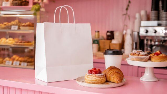 blank white paper bag mockup with copy space beside takeaway coffee, croissant and strawberry pastries on pink cafe counter