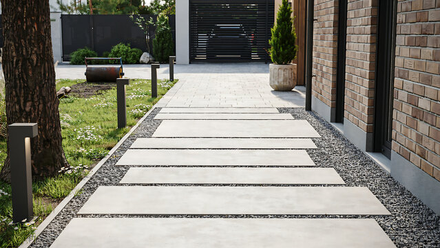 Modern garden pathway with stone tiles and decorative gravel alongside brick wall and green lawn garden path landscape pavement exterior architecture backyard residential hardscape property