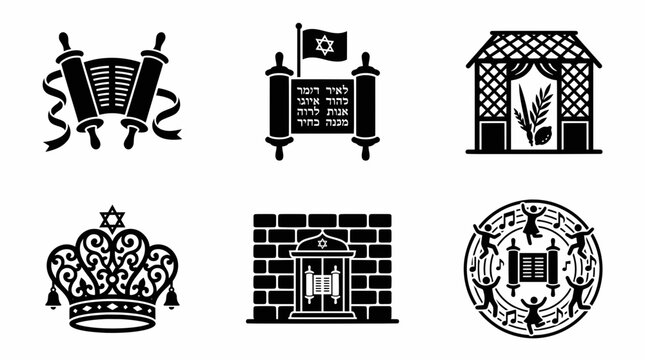 Jewish Holiday Simchat Torah and Sukkot Black Silhouette Icon Set featuring Torah Scrolls, Sukkah, Crown, and Dancing People