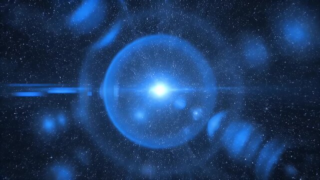 A vibrant blue energy burst emanates from a central point within a glowing sphere.