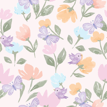Beautyful violet butterfly and bird in blooming flral flower seamless background