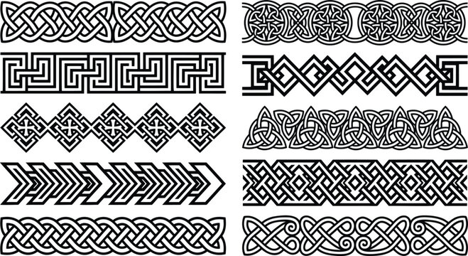 Celtic knot border set, 10 decorative geometric frames, black and white ethnic pattern collection, traditional nordic line art EPS