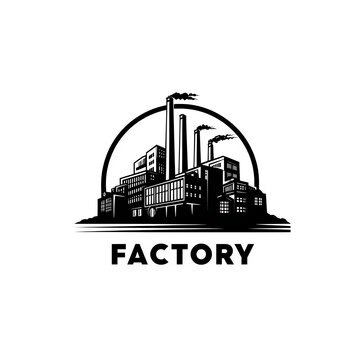 Industrial factory logo with smoking chimneys, vintage manufacturing plant emblem, black and white power station icon