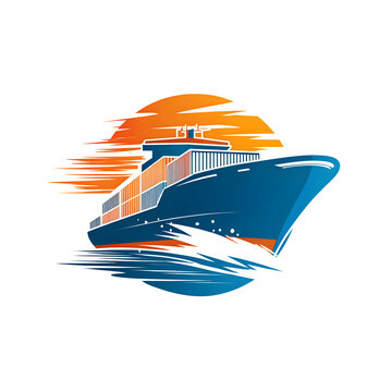 Cargo ship illustration, maritime logistics container vessel at sunset, nautical freight transport icon on white