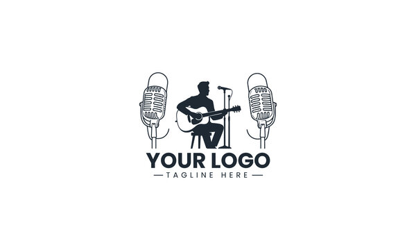 Black Image Vector Logo of Acoustic Guitarist Singer, Solo Musician Performing on Stage Art Isolated on White Background