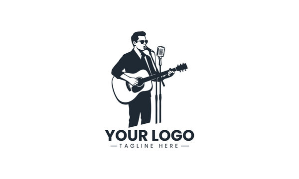 Black Image Vector Logo of Acoustic Guitarist Singer, Solo Musician Performing on Stage Art Isolated on White Background
