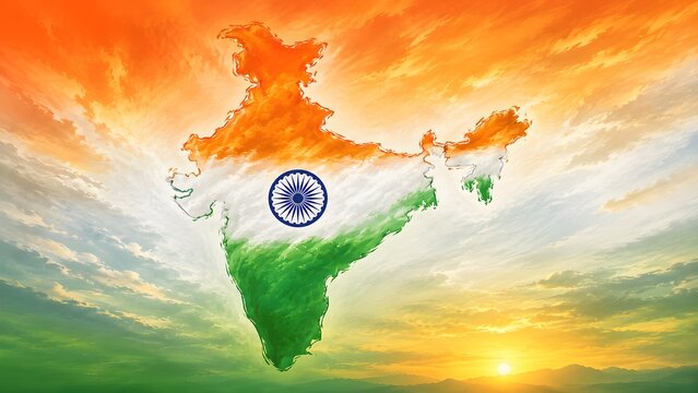 Artistic india map with tricolor theme and ashoka chakra on independence day sky
