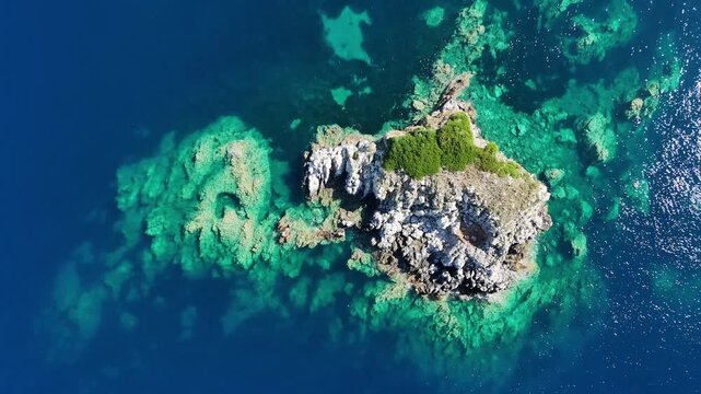 Top down 4K drone view of rocky underwater reef and turquoise sea water in Greece