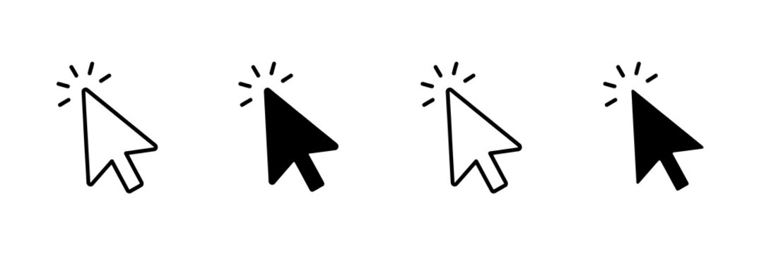 Set of four computer mouse pointer arrow icons in white and black with interface computer navigation technology selection isolated