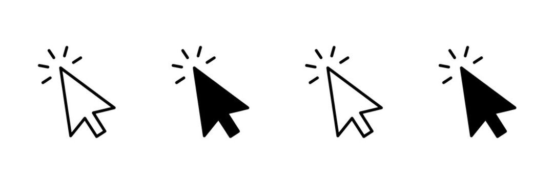 Set of four computer mouse pointer arrow icons in white and black with interface computer navigation technology selection isolated