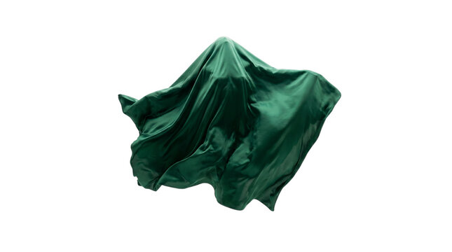 Emerald green satin fabric draped over hidden object, elegant silk cloth covering secret product, luxury textile presentation reveal isolated on Transparent Background