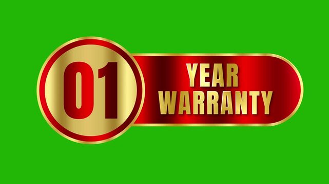 Shiny metallic red and gold 1 year warranty badge animated label isolated on chroma key green background visual graphic 4k video