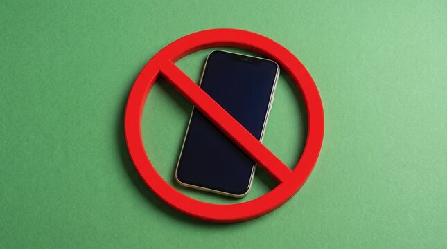 A smartphone placed inside a red circle with a diagonal line, symbolizing no mobile phones allowed, on a green background.