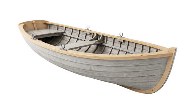 Vintage wooden rowboat with weathered gray planks, classic empty fishing boat, traditional timber dinghy for lake recreation isolated on Transparent Background
