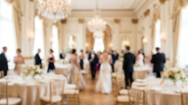 blurred interior shot of a luxurious grand ballroom wedding reception with guests in formal attire, crystal chandeliers, and elegant floral table settings.