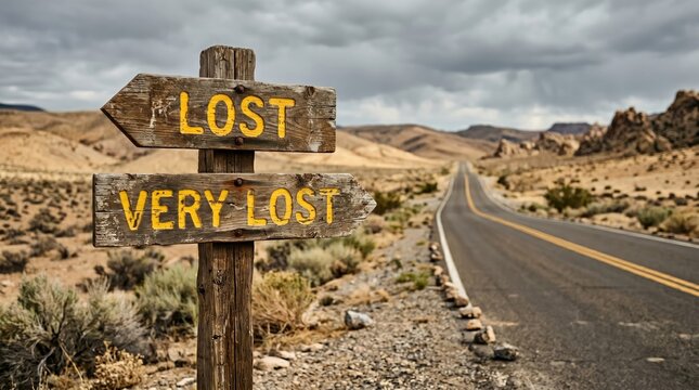 Worn wooden road sign indicating lost and very lost in desert landscape with arid desert environment under moody weathered wooden directional