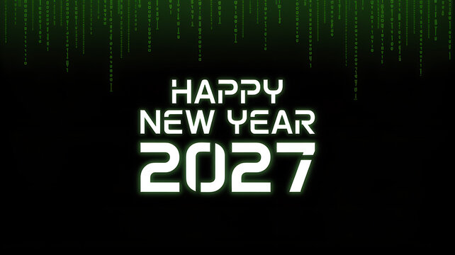 Happy new year 2027 text with green matrix digital code rain background