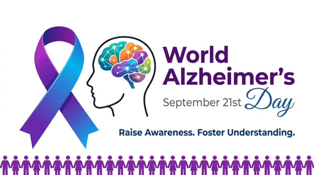 World Alzheimers Day Awareness Poster with Brain and Purple Ribbon