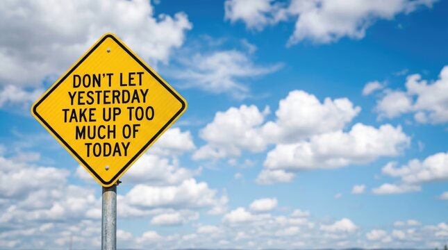 Bright motivational road sign against sky with inspirational message about present focus with scattered fluffy white white clouds conveying with text against backdrop