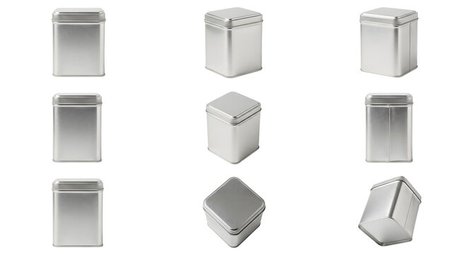 Metallic square tin box packaging mockup collection isolated