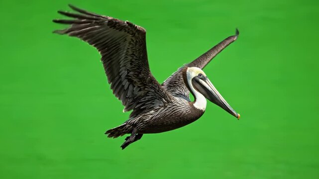 Pelican in Flight: A majestic pelican soars through the air against a vibrant green backdrop, its powerful wings outstretched in graceful flight.