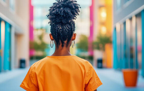 Back view of woman with braided hair styled in high bun, wearing orange top and hoop earrings, walking confidently towards vibrant, colorful, and blurred modern urban landscape.