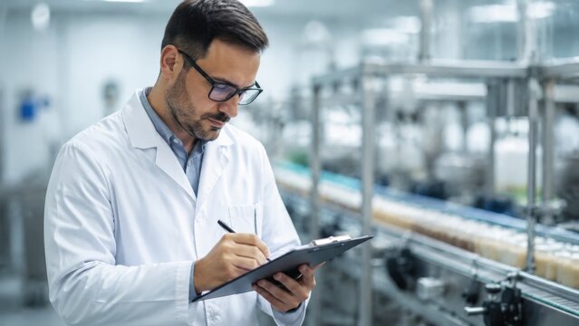 Male quality inspector wearing glasses and white lab coat writing on clipboard while standing beside stainless steel conveyor and packaging equipment inside bright food processing plant with clean