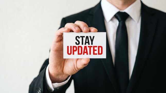 Professional holding card encouraging staying informed about latest developments with conveying message current awareness professional engagement
