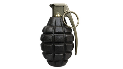 Fototapeta premium Military hand grenade with safety pin, classic fragmentation grenade weapon, tactical combat explosive device for defense and warfare concepts isolated on Transparent Background