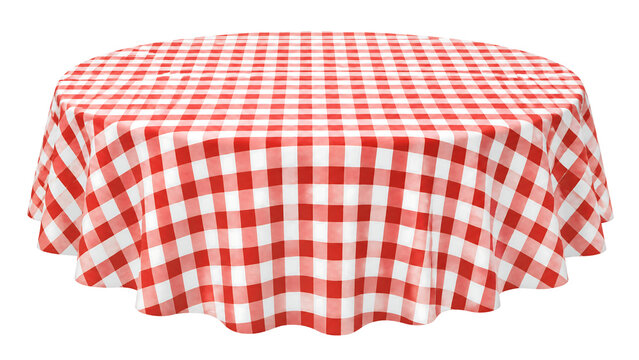 Red and white checkered tablecloth on round table, classic gingham picnic table cloth, traditional checkered pattern for dining and catering isolated on Transparent Background