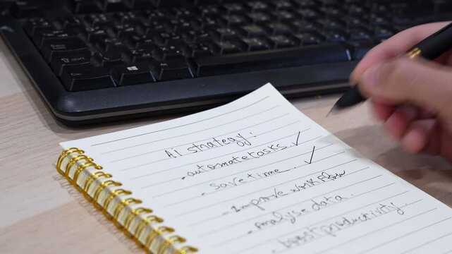 Close-up of a person's hand using a black pen to check off items on an AI strategy checklist in a spiral notebook. The indoor desk workspace features a wooden table and a computer keyboard.