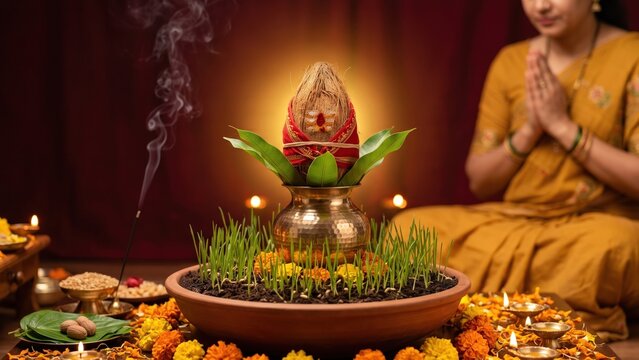 Sacred Kalash Setup &ndash; Navratri Ghatasthapana Ceremony