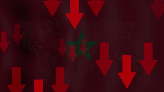 Economic Downturn: Red arrows point downwards, symbolizing a significant decline in economic performance, superimposed on a subtle world map and a national flag.