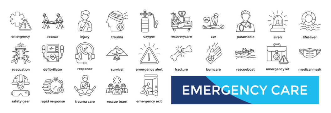 EMERGENCY CARE icon set collection pack vector illustration. containing emergency, rescue, injury, trauma, oxygen, recoverycare, cpr, paramedic, siren icon