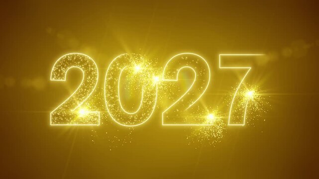 Video animation of abstract neon light with the numbers 2027 over yellow background - represents the new year - vacation concept.