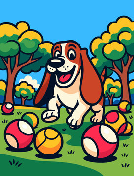 Happy Playful Basset Hound Dog Character Playing With Toy Balls In Sunny Green Park Forest Mascot Emblem Graphic Illustration Artwork Design
