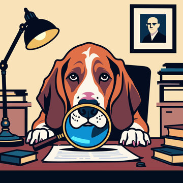 Beagle Hound Dog Detective Working At Desk Holding Magnifying Glass Investigating Document Paper Office Setting Mascot Emblem Graphic Illustration Artwork Design
