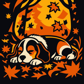 Cute Sleeping Beagle Hound Dog Character Resting Among Falling Autumn Leaves Cozy Seasonal Forest Mascot Emblem Graphic Illustration Artwork Design
